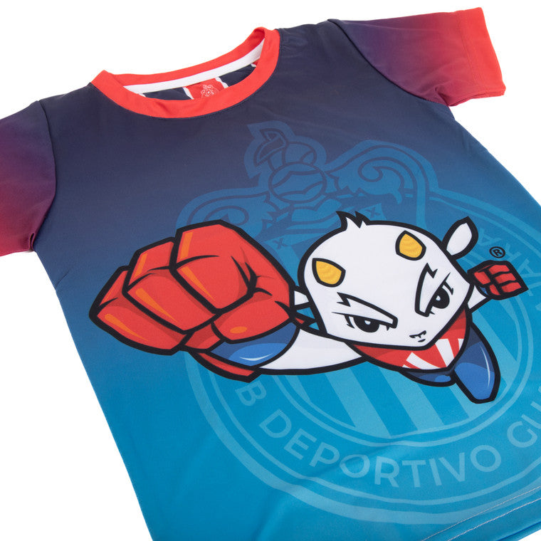 Playera Niño Azul Degradado Chivito Y Escudo Chivas