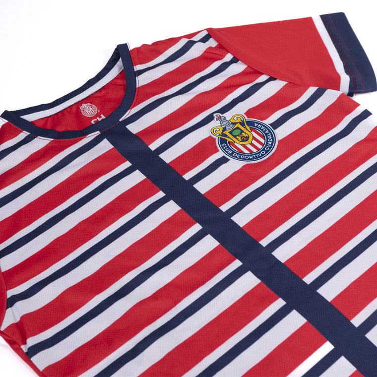 Playera Mujer Roja Rayas Horizontales Escudo Chivas