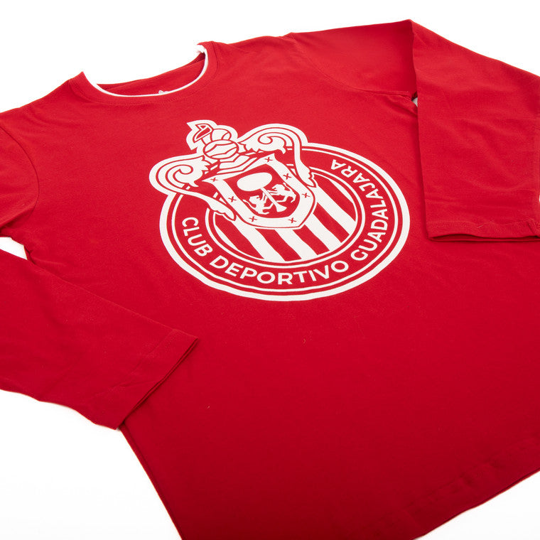 Playera Roja Manga Larga Escudo Grande Chivas
