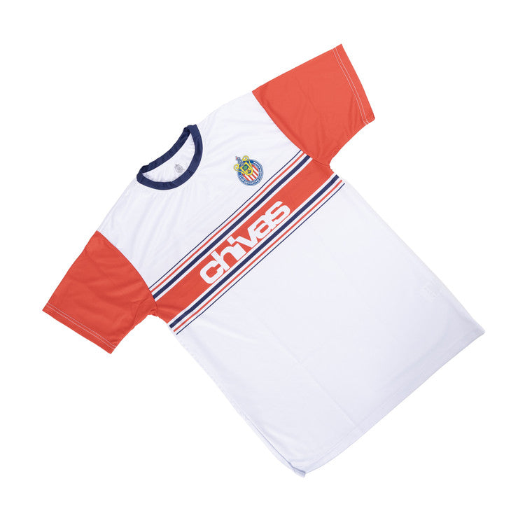 Playera Blanca Con Cuello Azul Y Mangas Rojas Chivas Y Escudo
