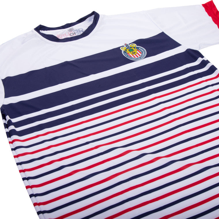 Playera Blanca Rayas Horizontales Escudo Chivas