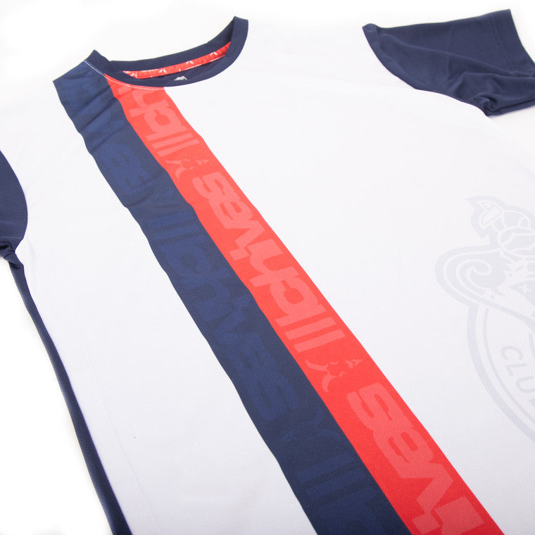 Playera Blanca Mangas Azules 2 Rayas Escudo Marca Agua Chivas