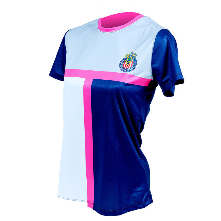 Playera Mujer Blanca Mangas Azules Y Vivos Rosa Escudo Chivas