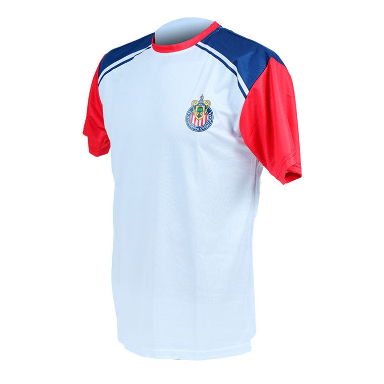 Playera Blanca Hombros Azul Y Mangas Rojas Escudo Chivas