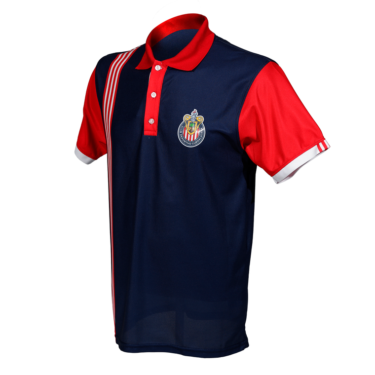 Polo Azul Con Rayas Laterales Y Escudo Chivas