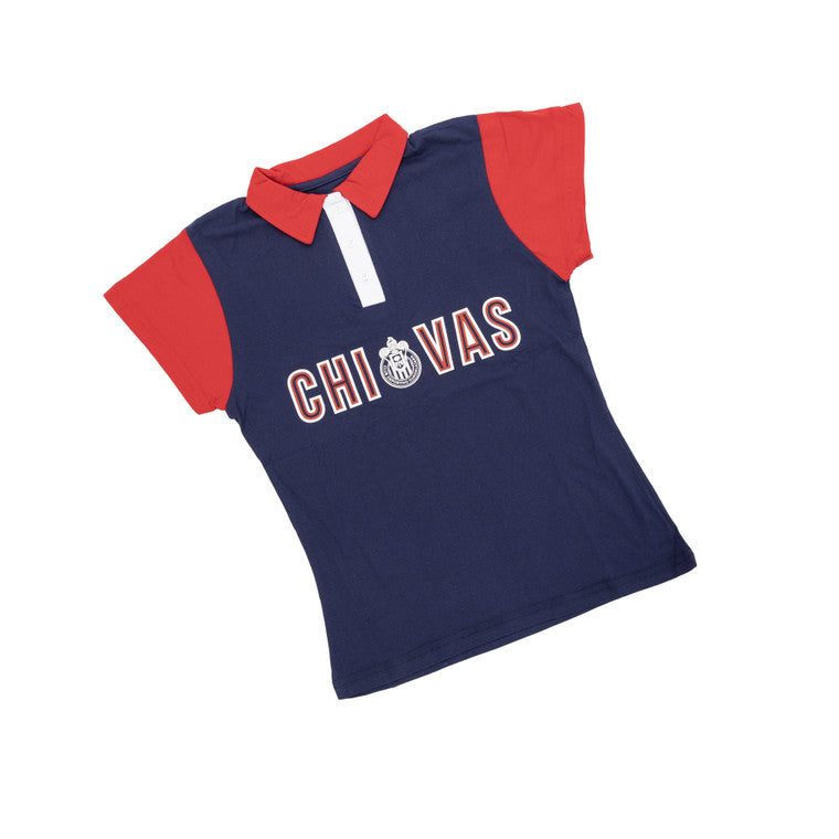 Polo Azul Con Rojo Para Mujer Chivas Y Escudo