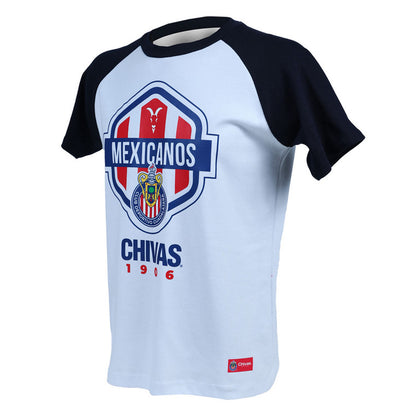 Playera Blanca Mangas Azules Mexicanos Chivas