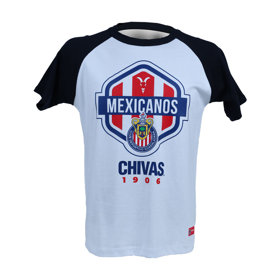 Playera Blanca Mangas Azules Mexicanos Chivas