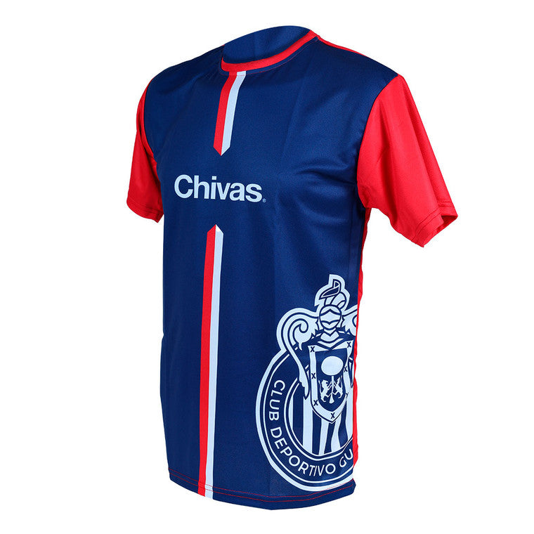 Playera Azul Mangas Rojas Escudo Chivas Lateral