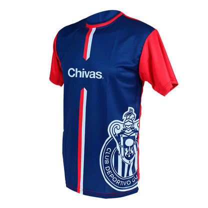 Playera Azul Mangas Rojas Escudo Chivas Lateral