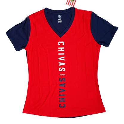 Playera Mujer Cuello V Combinada Roja Y Azul Texto Chivas