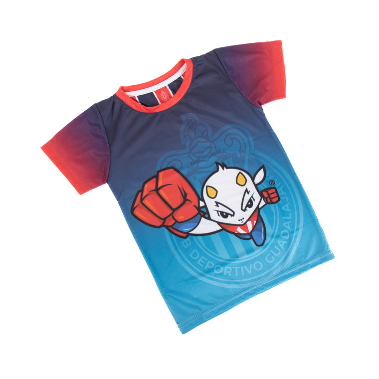 Playera Niño Azul Degradado Chivito Y Escudo Chivas