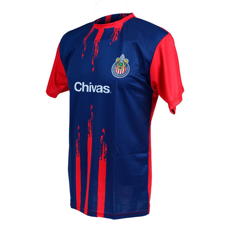 Playera Azul Rayas Degr Y Mangas Rojas Escudo Chivas