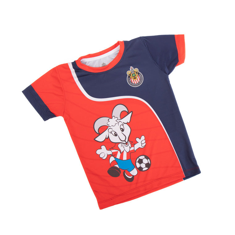 Playera Bicolor Chivito Retro Y Escudo Chivas Para Niño