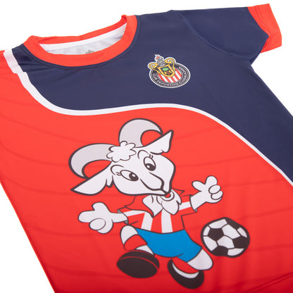 Playera Bicolor Chivito Retro Y Escudo Chivas Para Niño
