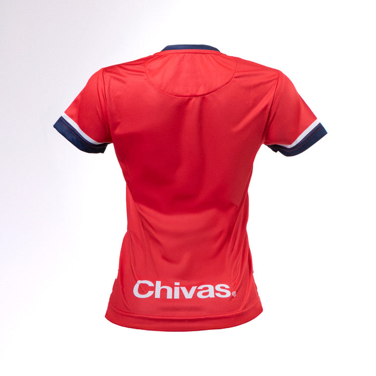 Playera Mujer Roja Rayas Horizontales Escudo Chivas