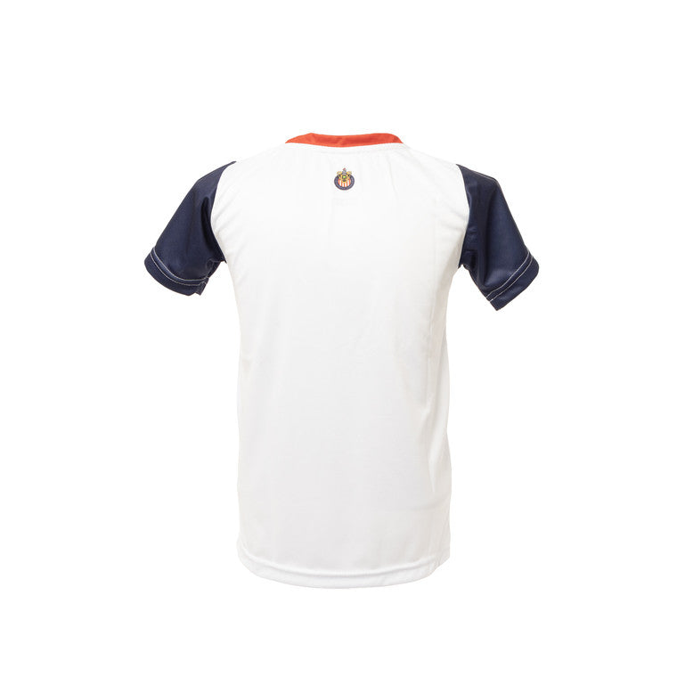 Playera Blanca Mangas Azul Fut Chivas Rayadas Niño
