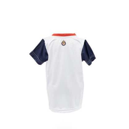 Playera Blanca Mangas Azul Iconos Fut Chivas Para Bebé