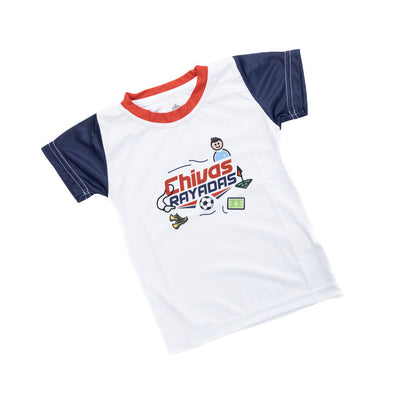 Playera Blanca Mangas Azul Iconos Fut Chivas Para Bebé
