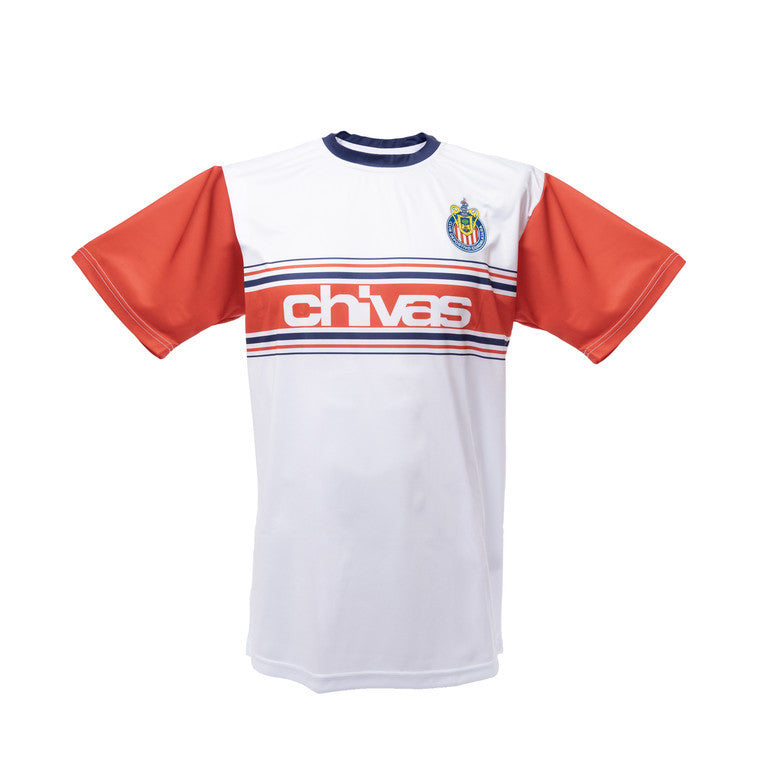 Playera Blanca Con Cuello Azul Y Mangas Rojas Chivas Y Escudo