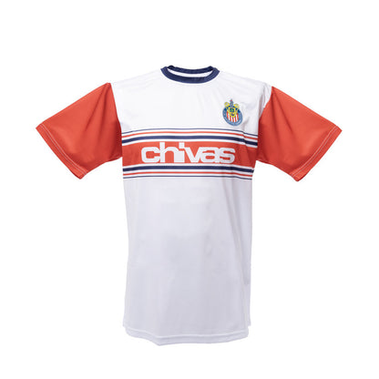 Playera Blanca Con Cuello Azul Y Mangas Rojas Chivas Y Escudo