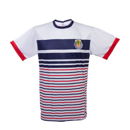 Playera Blanca Rayas Horizontales Escudo Chivas