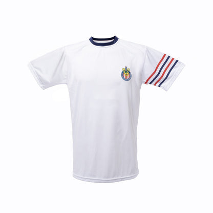 Playera Blanca Con Cuello Azul Y Rayas En Mangas Escudo Chivas
