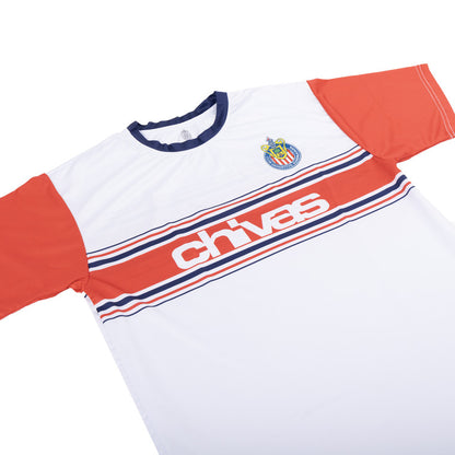 Playera Blanca Con Cuello Azul Y Mangas Rojas Chivas Y Escudo