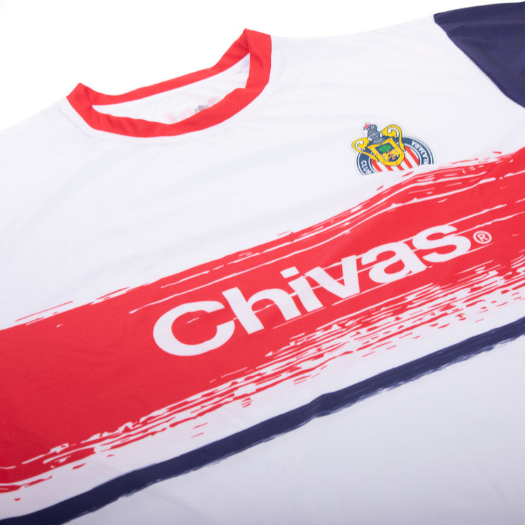 Playera Blanca Barra Pincel Con Mangas Azul Palabra Y Escudo Chivas