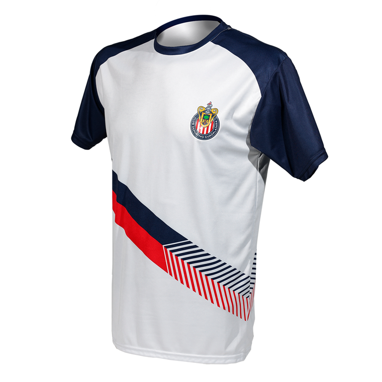 Playera Blanca Mangas Azules Franja Vertical Escudo Chivas