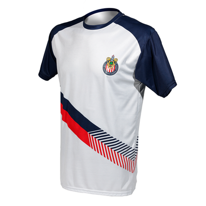 Playera Blanca Mangas Azules Franja Vertical Escudo Chivas