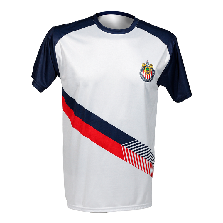 Playera Blanca Mangas Azules Franja Vertical Escudo Chivas