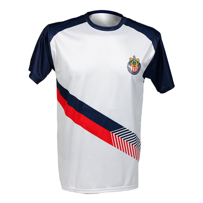 Playera Blanca Mangas Azules Franja Vertical Escudo Chivas