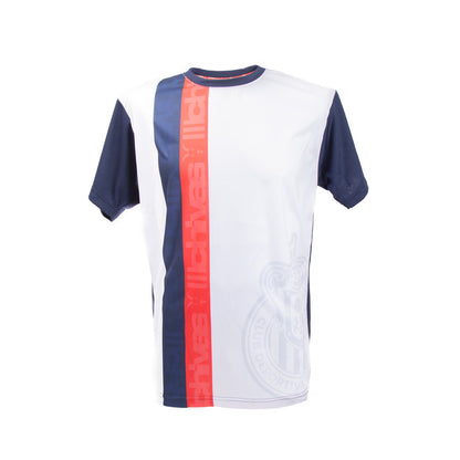 Playera Blanca Mangas Azules 2 Rayas Escudo Marca Agua Chivas