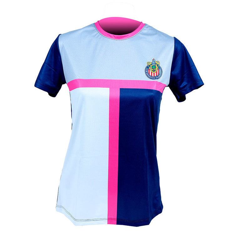Playera Mujer Blanca Mangas Azules Y Vivos Rosa Escudo Chivas