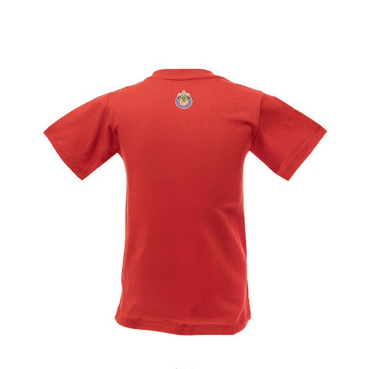 Playera Roja Chivito Acción Y Escudo Chivas Para Niño