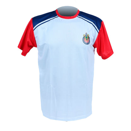 Playera Blanca Hombros Azul Y Mangas Rojas Escudo Chivas