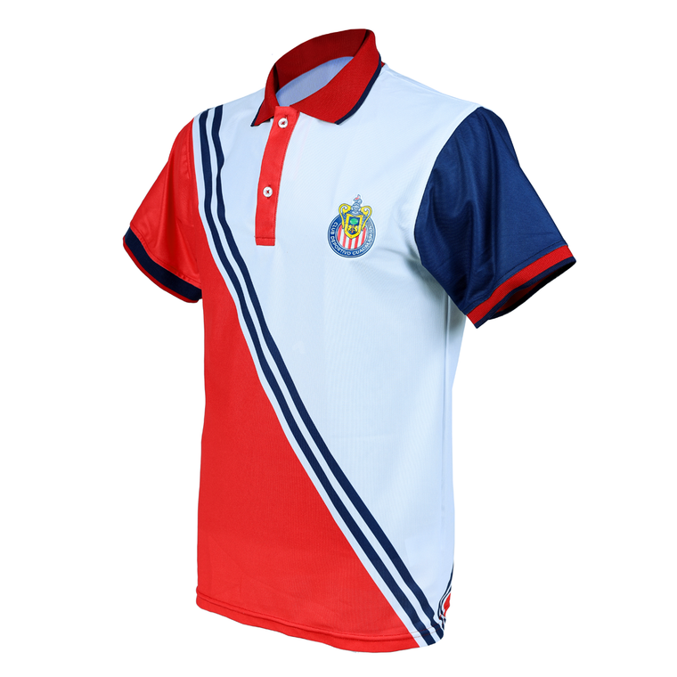 Polo Roji Blanca Mangas Combinadas Escudo Chivas