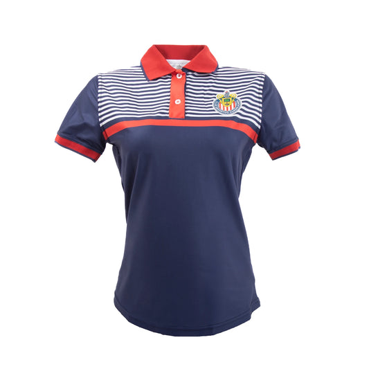Polo Dama Azul Rayas Horizontales Escudo Chivas - Fanáticos de Chivas