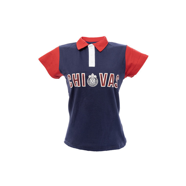 Polo Azul Con Rojo Para Mujer Chivas Y Escudo