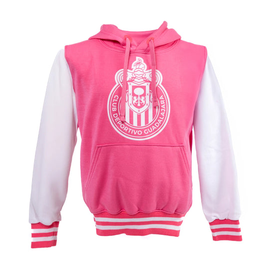 Sudadera Mujer Rosa Mangas Blancas Escudo Chivas - Fanáticos de Chivas